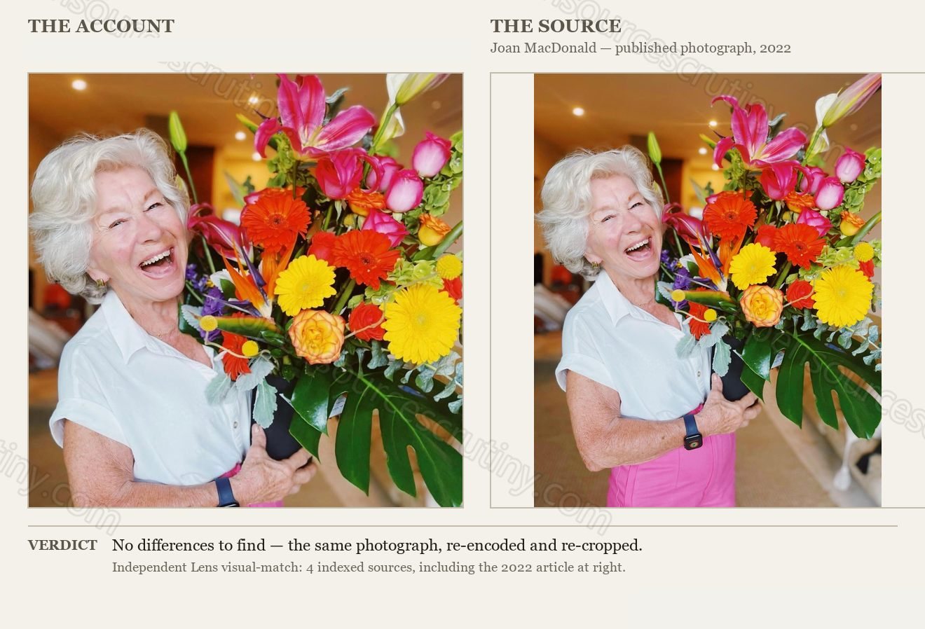 Side by side: the Alice Cadwell profile photo and Joan MacDonald's published 2022 photograph. Same woman, same flowers, same pose, cropped differently.
