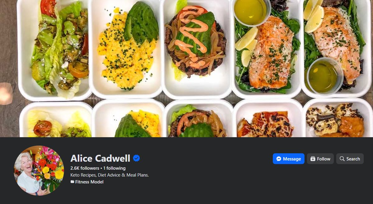 The Alice Cadwell Facebook profile header: meal-prep cover photo, profile photo of a laughing older woman holding flowers, blue verified badge, 2.6K followers, ‘Keto Recipes, Diet Advice & Meal Plans’, Fitness Model.